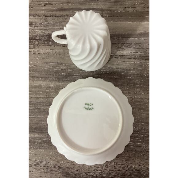 H&C: L France Tea Cup and Saucer Demitasse Set Fine Porcelain White Swirl - Picture 5 of 6